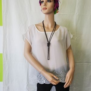 Sheer White Top with Embroidered Hem
